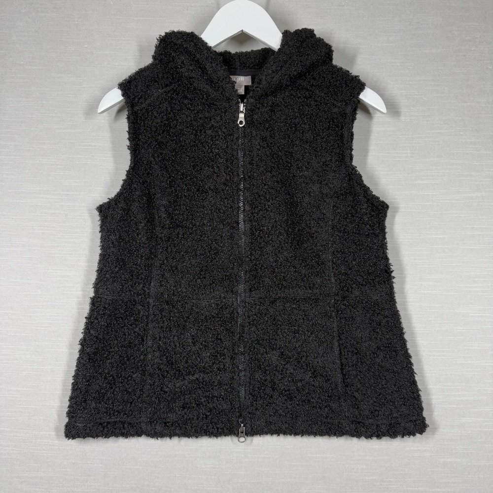 J Jill Vest Womens Medium‎ Black Fuzzy Soft Casual Quality Hooded Chic Neutral